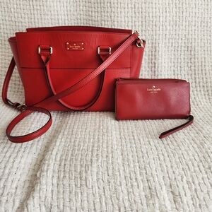 Kate Spade Women's Red Leather Handbag And Wallet Set